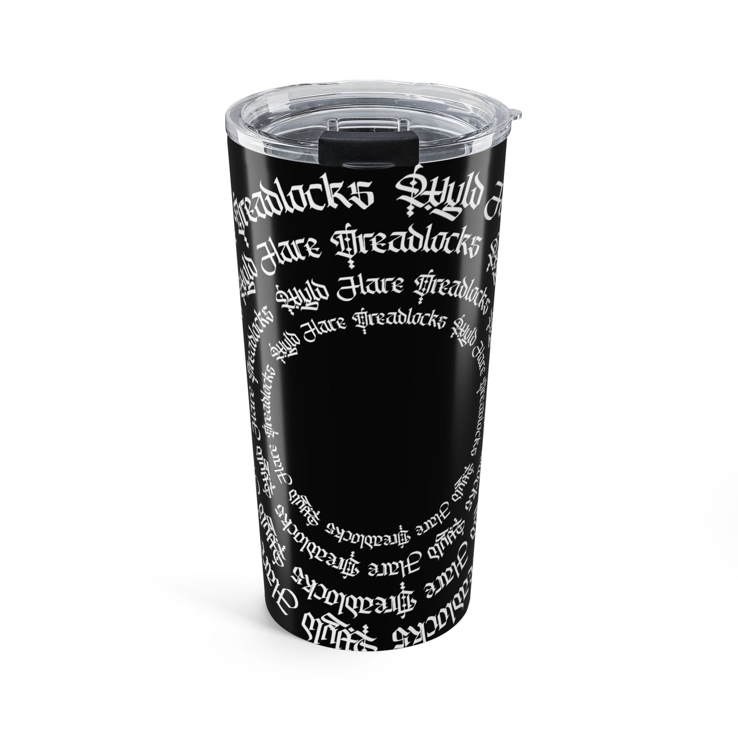 20oz Black Gothic Script Tumbler — Wyld Hare Dreadlocks Art by Paul Isenberger