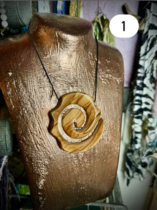 Wooden Spiral Necklace, handmade by Rowan